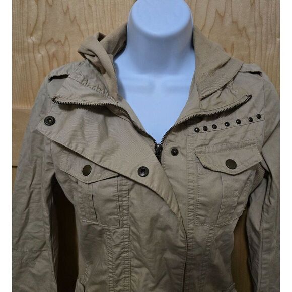 Womens Beige Utility Jacket Hood Snap Buttons Stud Detail Lightweight Casual S - Picture 8 of 16